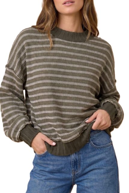 Striped Mock Neck Seamed Knit Top