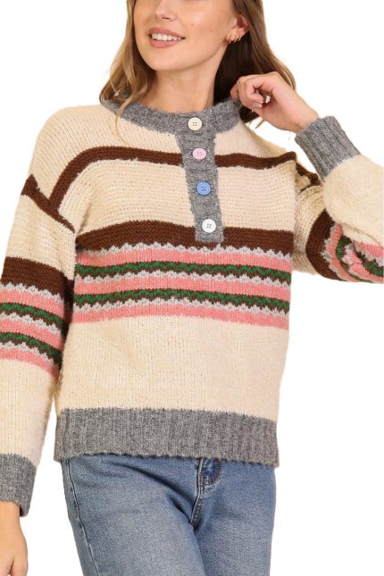 Retro Stripe Button-up Knit Sweater