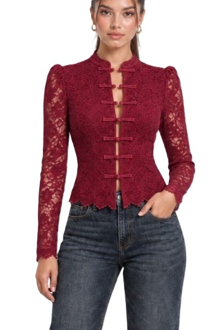 Long Sleeve Lace Mandarin Collar Top