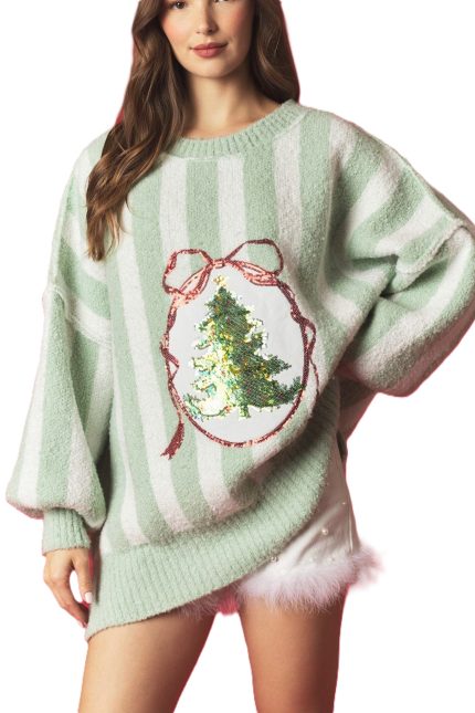 Christmas Tree Sequins Striped Oversized Sweater