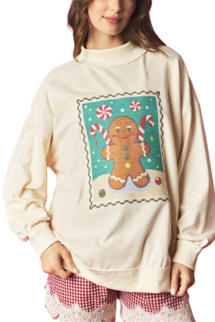 Gingerbread Stamp Cross Stitch Mock Neck Sweatshirt