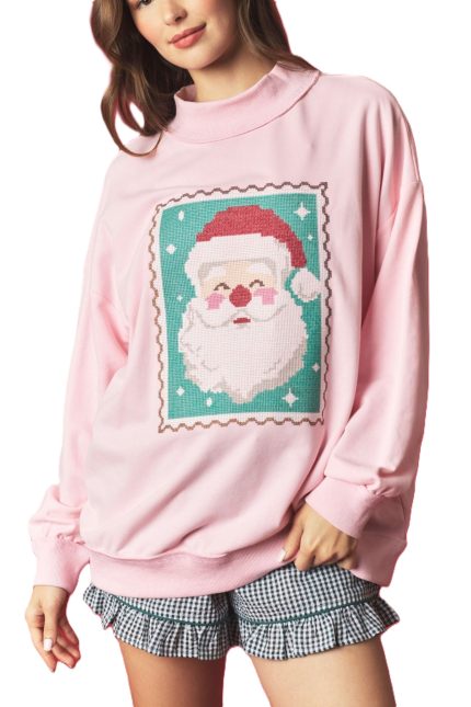 Cross Stitch Santa Stamp Mock Neck Sweatshirt