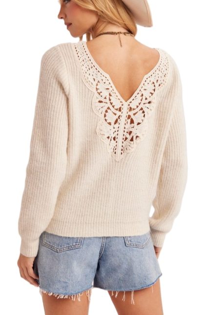 Crochet Lace Back V-neck Knit Sweater Pullover