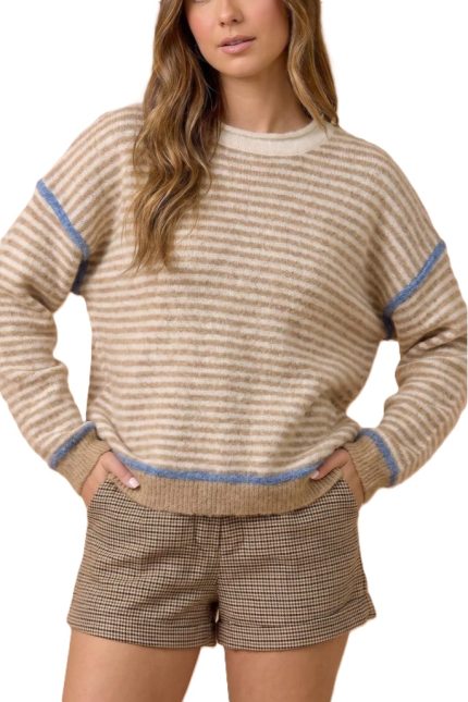 Loose Fit Stripe Contrast Color Sweater Top