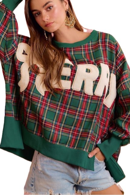 Christmas Tartan Plaid Merry Chenille Patch Sweatshirt