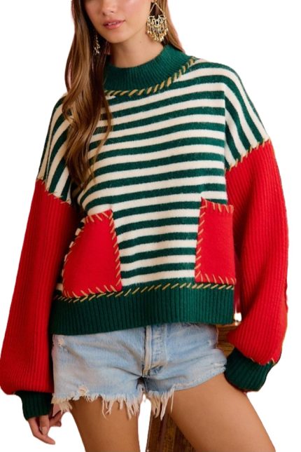Christmas Festive Striped Colorblock Holiday Sweater