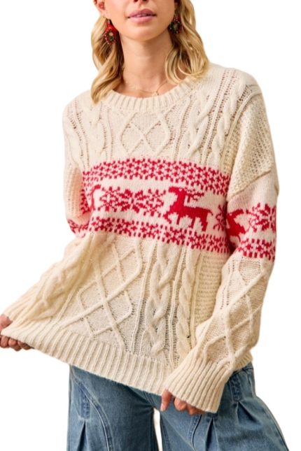 Christmas Theme Patterned Cable Knit Sweater