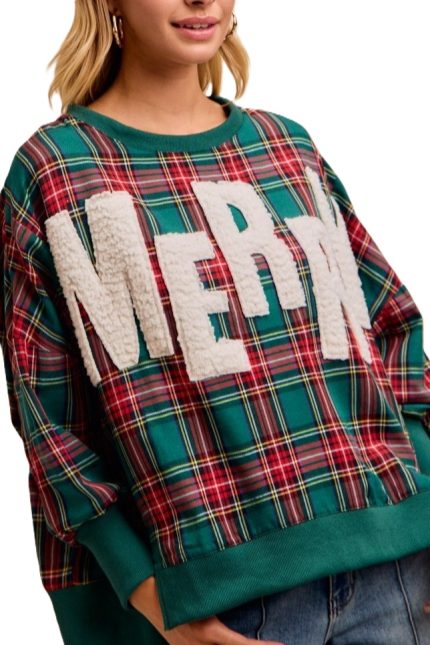 Merry Letter Patches Christmas Plaid Sweatshirt