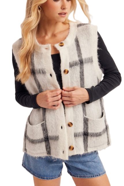 Button Down Plaid Fuzzy Knit Sweater Vest