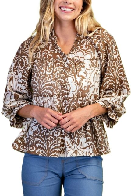 Printed Tiered Button Down Blouse