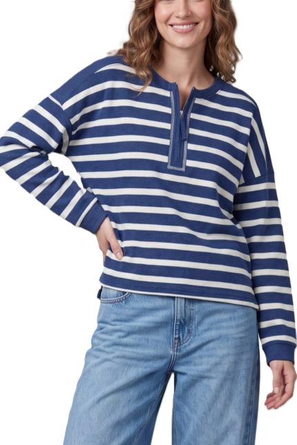 Knit Striped Half Zipper Placket Top