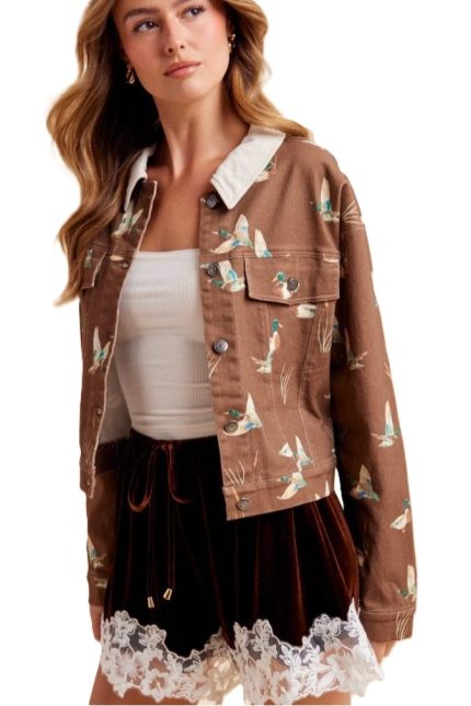 Mallard Print Corduroy Collar Denim Cropped Jacket
