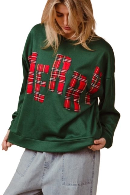 Plaid Merry Lettering Christmas Fleece Sweatshirt