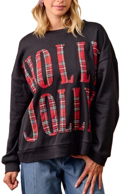 Plaid Holly Jolly Lettering Christmas Sweatshirt