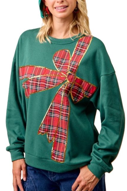 Plaid Ribbon Bow Detail Christmas Fleece Pullover