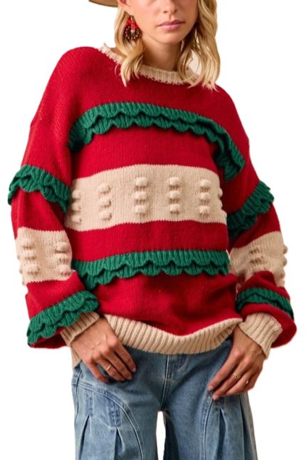 Christmas Theme Ruffled Details Sweater Top