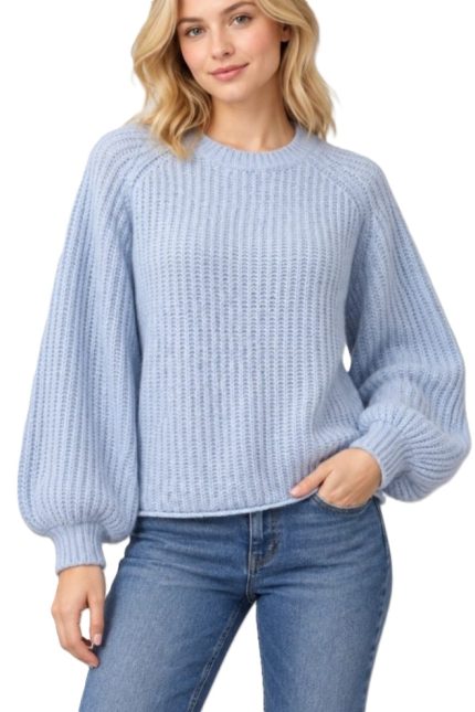 Ribbed Balloon-sleeve Pullover Sweater