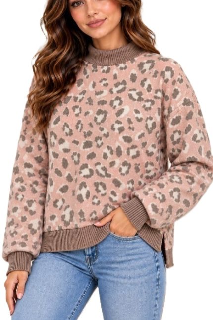 Pink Leopard Print Ribbed Mock-neck Sweatshirt