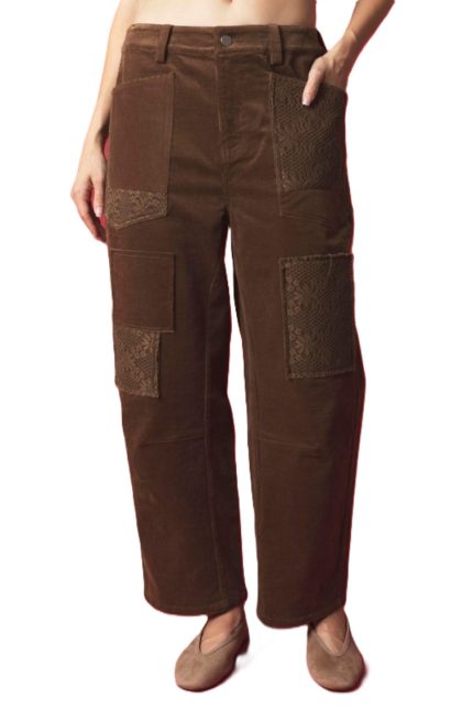 Patchwork Lace And Corduroy Barrel Pants With Details