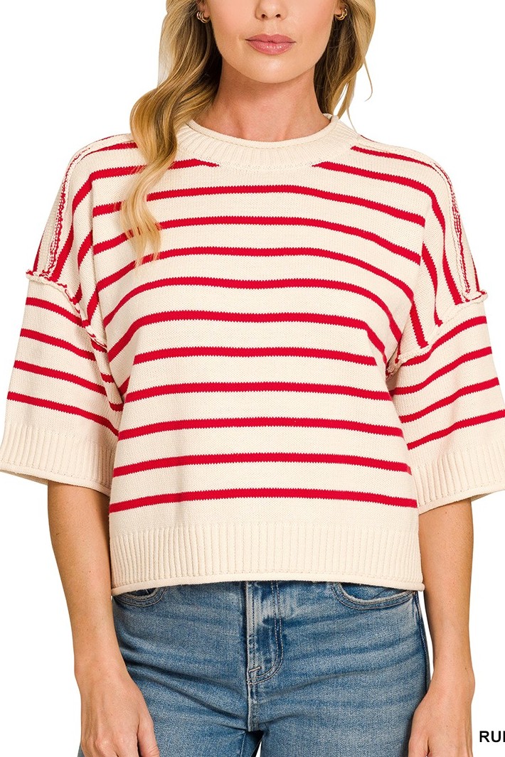 Striped Exposed Seam Half Sleeve Sweater