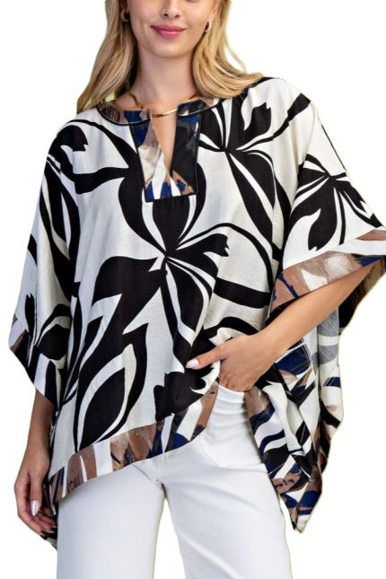 Leaf Print Draped Dolman Sleeve Top