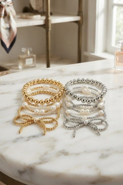 Pearl Bow Multi Layer Stretch Bracelet Set Pack Of 4