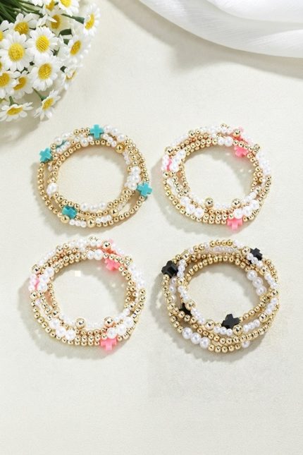 Pearl Cross Beaded Stretch Bracelet Set Pack Of 4