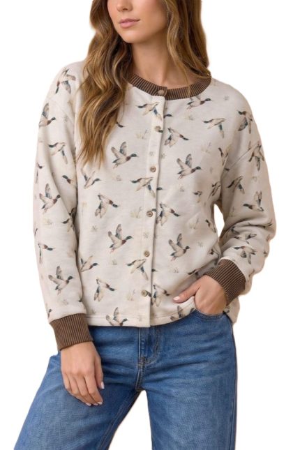 Duck Print Button Front Cardigan