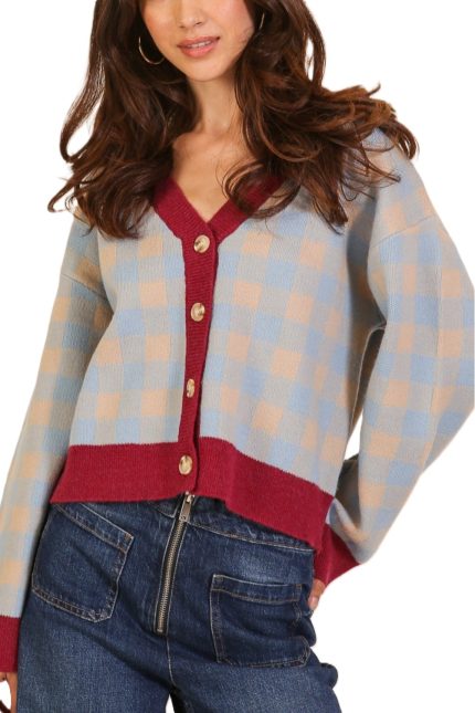 Checkered Color Block V-neck Cardigan