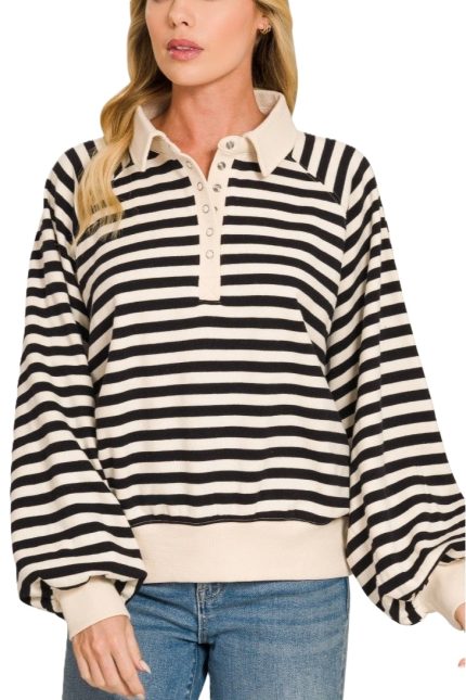 Premium Yarn Dyed Striped Fleece Half Snap Collared Pullover