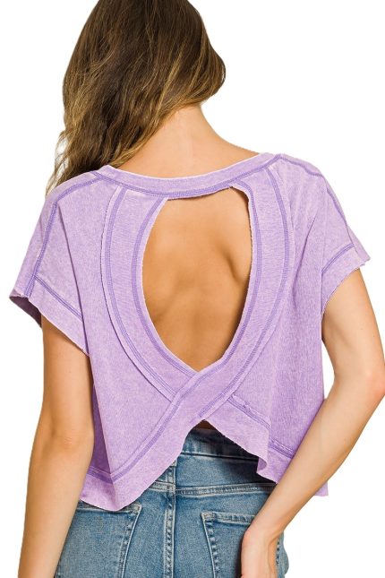 Acid Washed Cross Back Cut-out Cropped Top