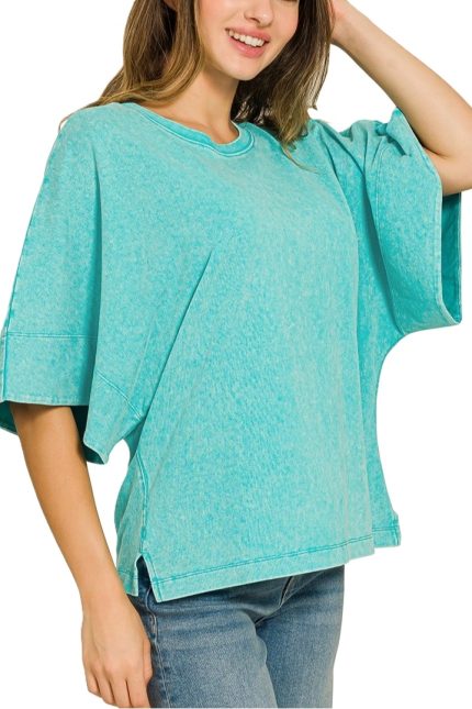 Acid Washed Oversized Batwing Short Sleeve Top