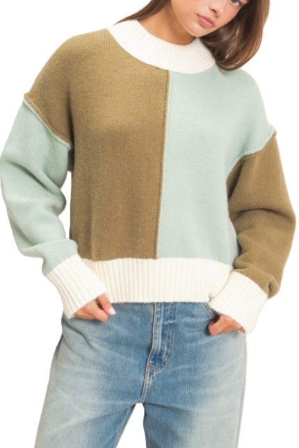 Color Block Mock Neck Sweater
