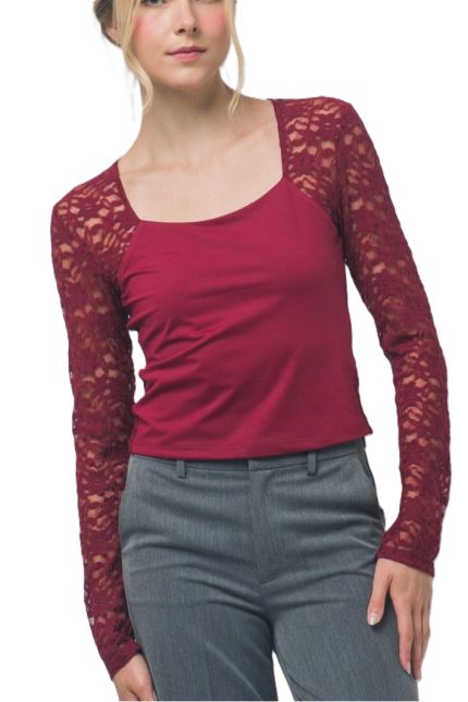 Square-neck Lace-sleeve Top