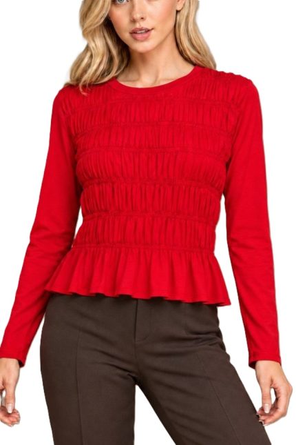 Long Sleeve Shirred Peplum Knit Top