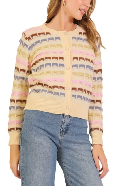 Textured Multicolor Pearl Button Cardigan