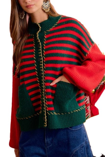 Festive Striped Christmas Cardigan With Pockets
