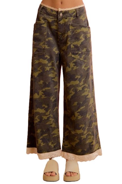 Camo Crochet Lace Trim Relaxed Straight Wide Leg Pants