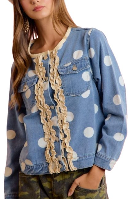 Polka Dot Print Jacket With Button Down Ruffle Trim