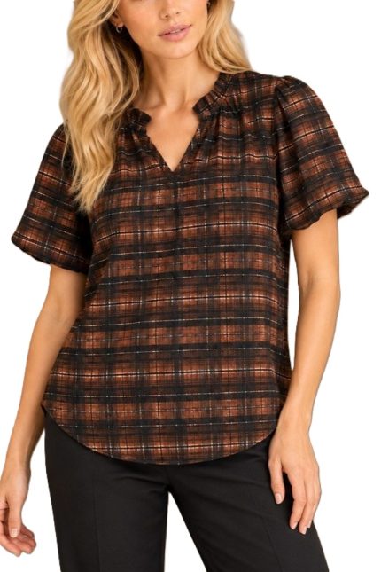 Plaid Puff Sleeve Ruffle Neck Blouse