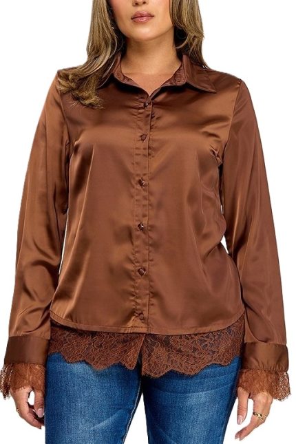 Long Sleeve Button Down Top With Lace Detail