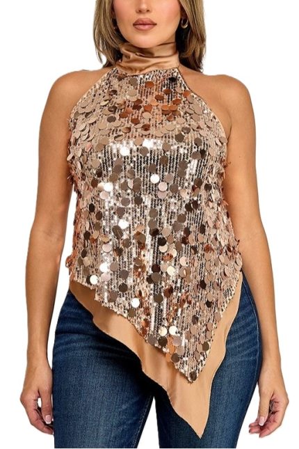Asymmetrical Halter Top With Sequin Detail