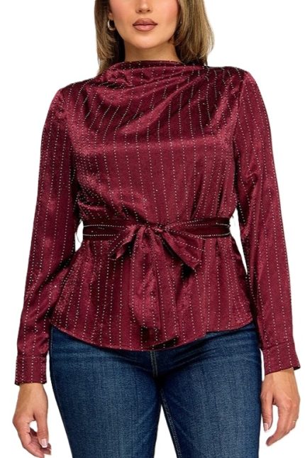 Long Sleeve Satin Hotfix Detail Waist Tie Top