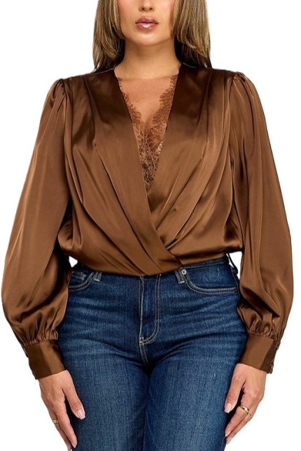Long Sleeve Surplice Lace Detail Top