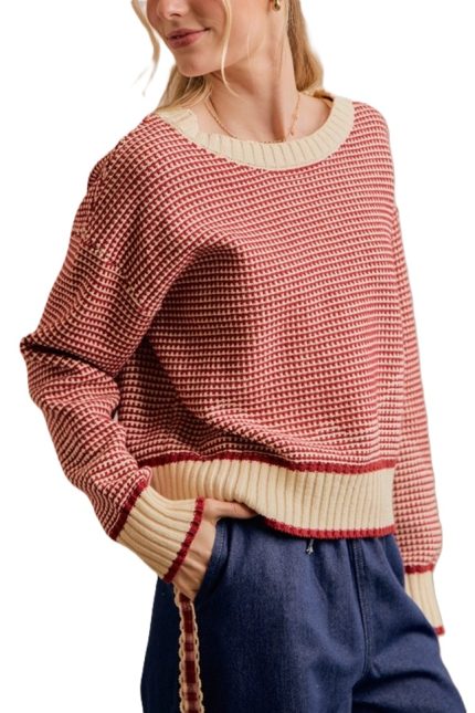 Textured Crewneck Long Sleeve Sweater Top
