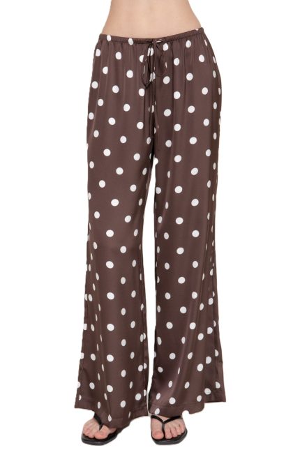 Wide Leg Dot Printed Satin Long Pants