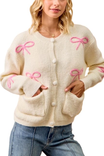 Ribbon Patched Sweater Cardigan With Front Button