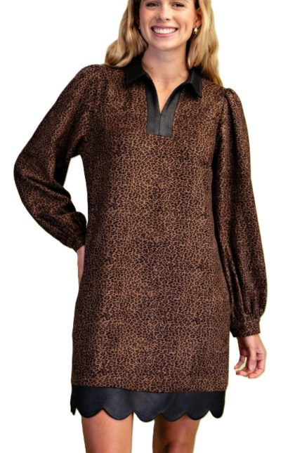 Faux Suede Leopard Print V-neck Dress