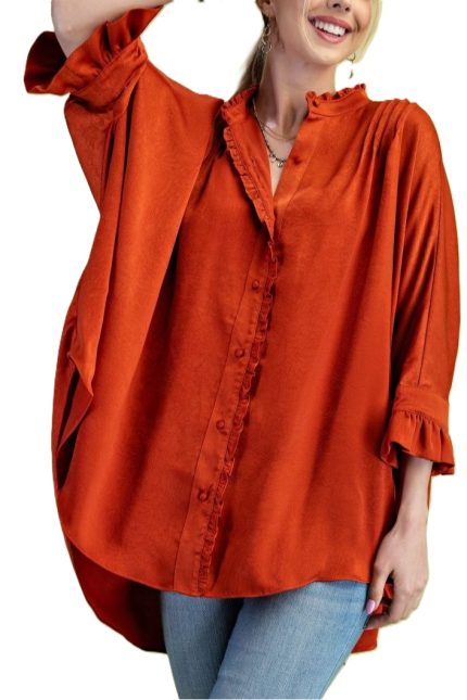 Ruffled Satin Button Down Blouse