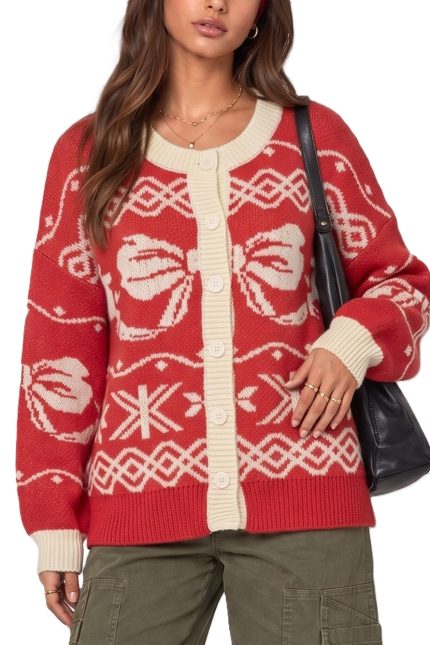Christmas Bow Intarsia Sweater Cardigan